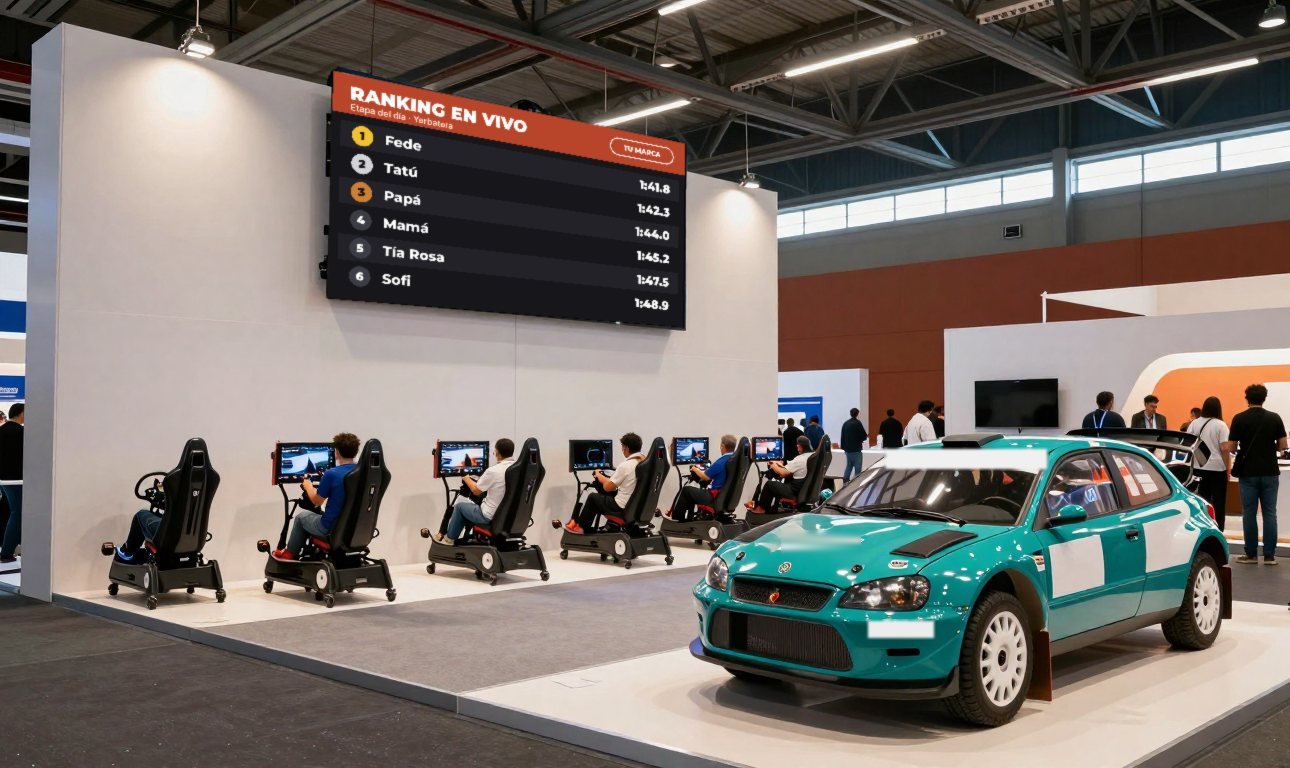 Stand en una feria con simuladores, un ranking en pantalla y el auto #27