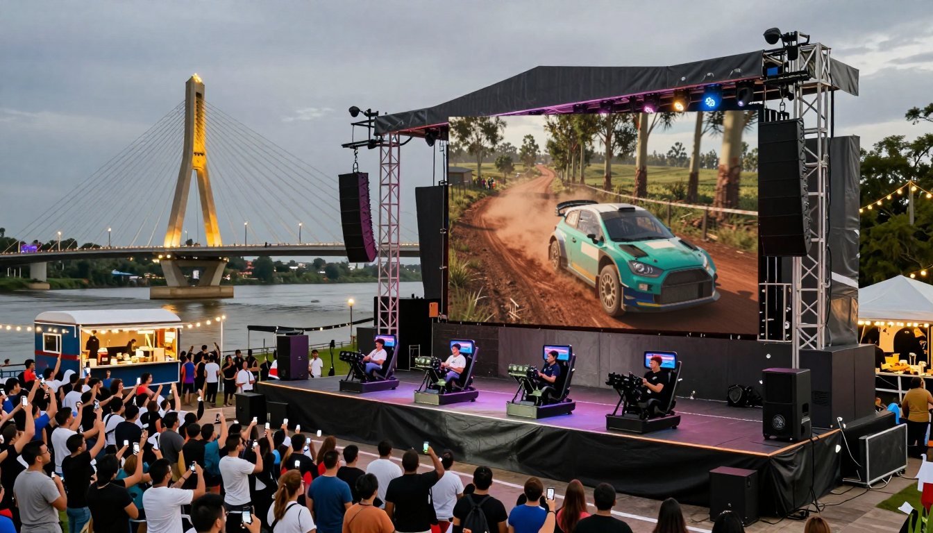 Escenario frente al río con el juego en la pantalla gigante, cuatro simuladores y el público