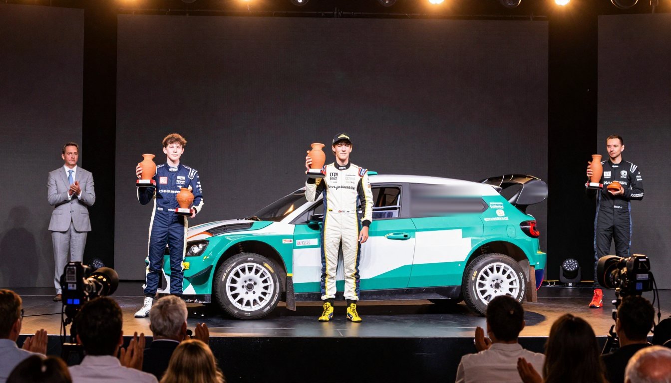 Campeones con trofeos en un escenario con confeti y el auto #27