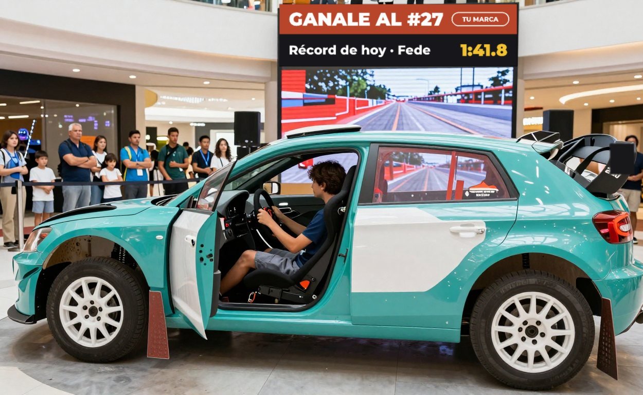 Una carrocería de rally convertida en simulador en un shopping, con familias haciendo fila
