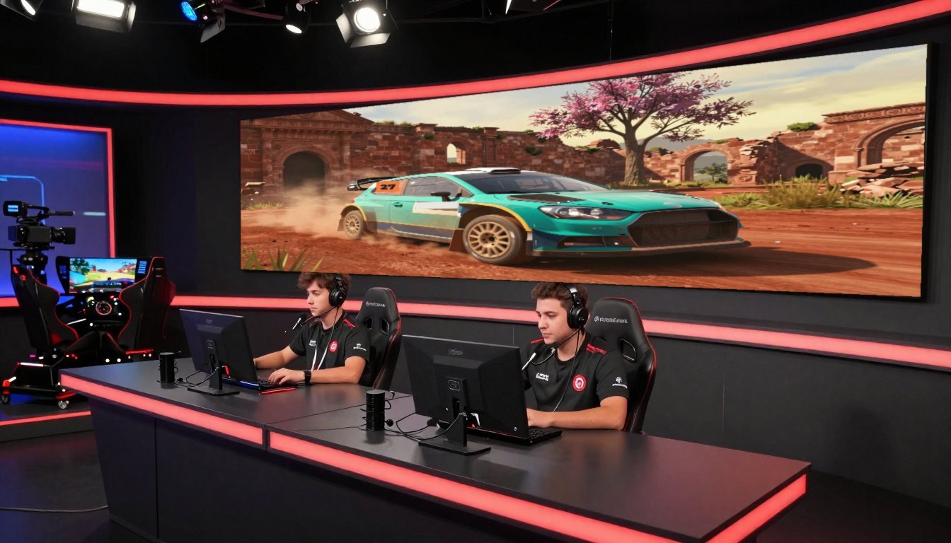 Dos casters con auriculares en un estudio de transmisión, con el juego en Trinidad en la pantalla grande