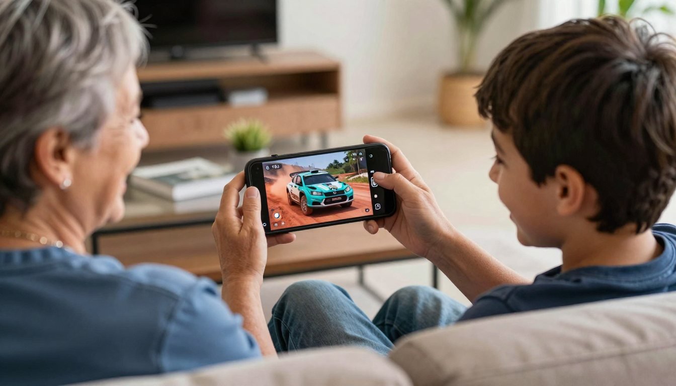 Una abuela y su nieto juegan el rally en el celular, riéndose en el sofá