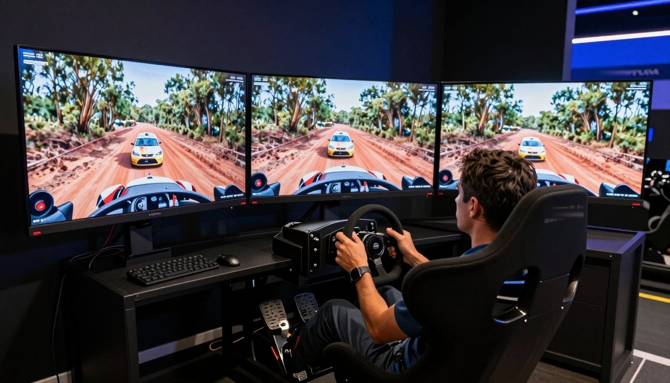 Un sim racer en su simulador con volante, pedales y tres pantallas