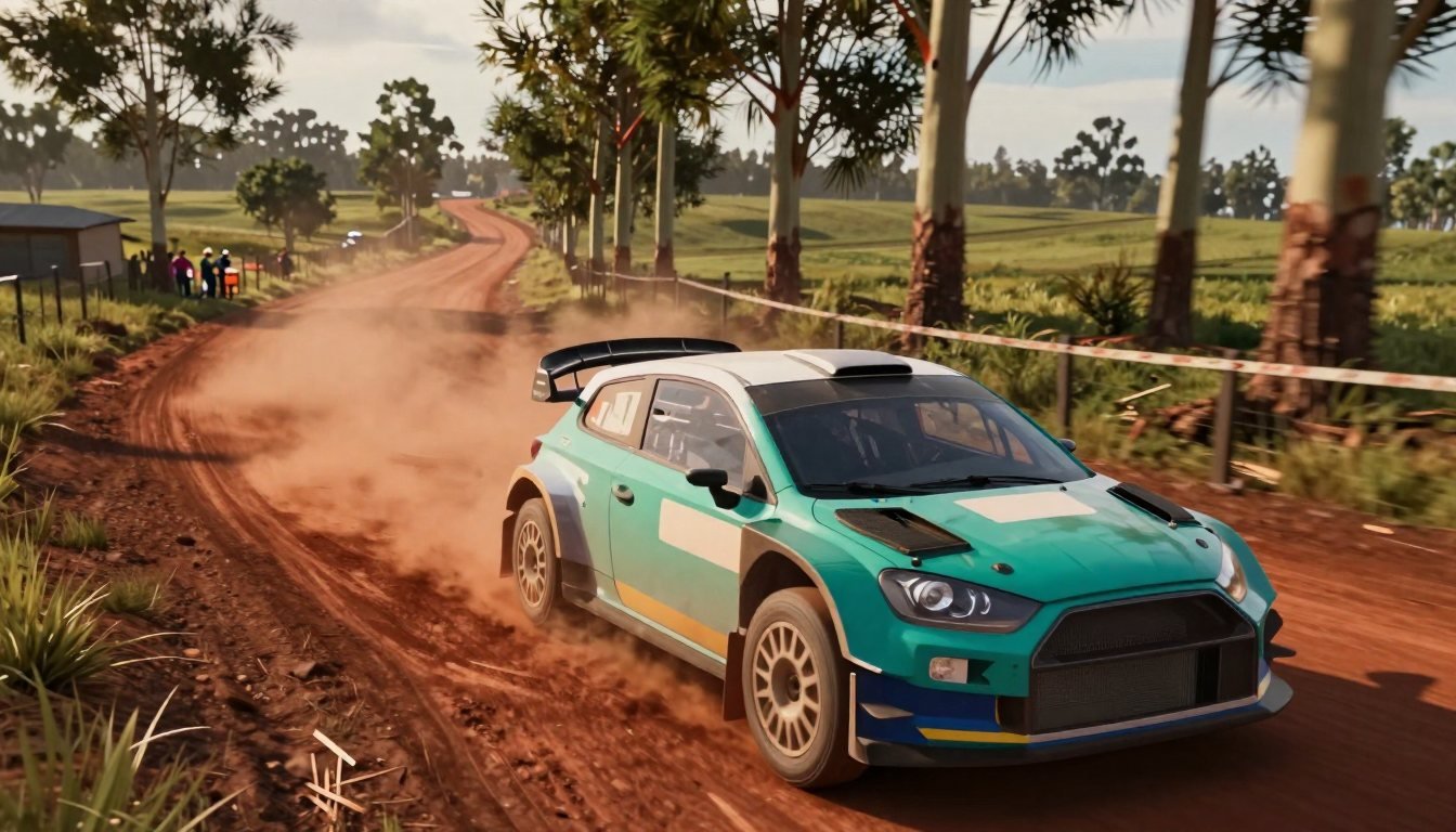 Render del juego terminado: el Rally2 número 27 derrapando sobre tierra roja entre eucaliptos