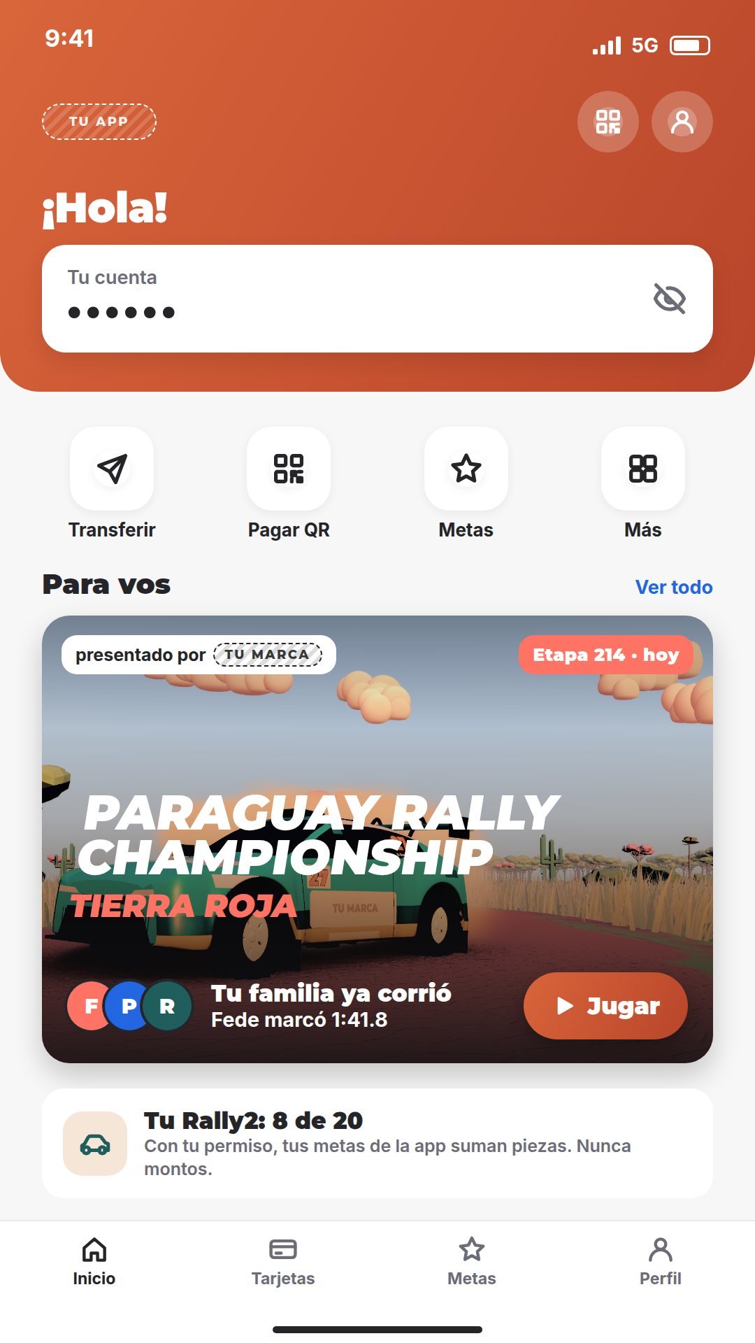 Inicio de una app con la tarjeta del juego, presentado por TU MARCA